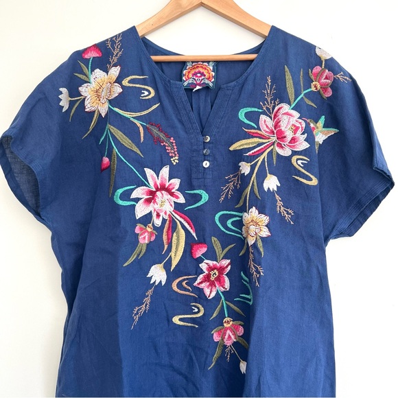 JOHNNY WAS Maisie Blue Linen w Multicolor Embroidery Easy Button Mini Dress XL - Picture 5 of 16